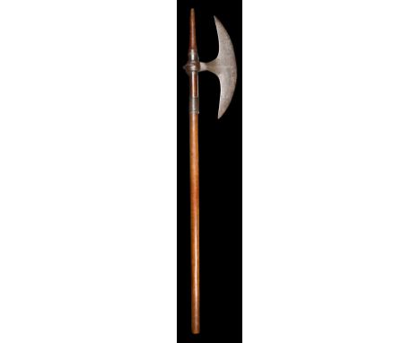 An Indian axe (bullova), crescent shaped steel blade, the socket with a sharpened semi-circumferencial flange; wooden haft 37