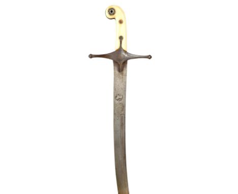 λ A Persian sword (shamshir), curved blade of watered steel 34 in., shallow fuller bordered by a narrower groove, with a lion