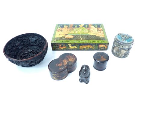 Middle Eastern papier mache box, figural decoration, with script and animal border, 23cm l, 15.5cm d, Chinese hardwood dragon
