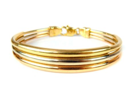Italian 18ct tri colour gold bangle, rose, white and yellow, 28.7g