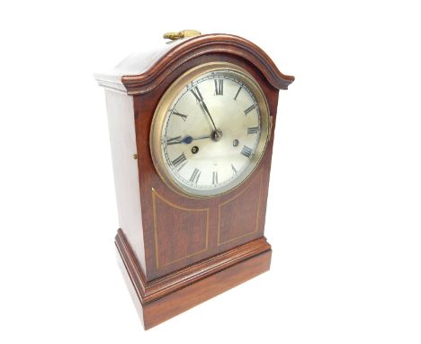 Late 19th C mantel clock, mahogany arch case, brushed metal face with Roman numerals, 12.5cm dia, brass movement striking on 