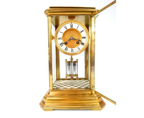 French late 19th C brass and four glass mantel clock, white metal chapter ring with Roman numerals, AB mechanism, mercury pen