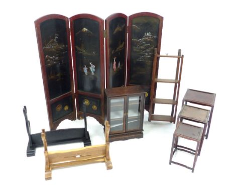 Japanese four fold table screen, two sword rests, nest of small tea tables, wall shelf and a glazed cabinet (6)