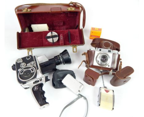 Photography interest, a Bolex Paillard P1 video camera, complete with Bolex camera grip, contained in original tan leather ca