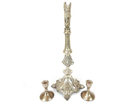 Late 19th C continental silver plate candlestick, converted to epergne, mask detail and swags of fruit, 51cm h, and a pair of