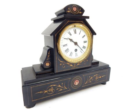 19th C continental mantel clock, gilded floral carving and red marble inserts, white enamel face with Roman numerals, brass m
