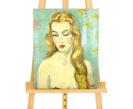 V.D., 20th C, portrait of a blonde lady, oil on canvas, initials l.r., 51 x 41cm