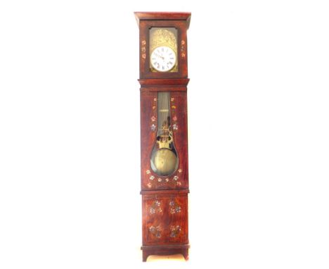 19th C French provincial long case clock, pine floral painted case, lamp and harvest, tin repousse surround, enamel face with