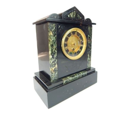 Late 19th C marble mantel clock, green variegated inserts, brass movement, 33 x 26cm