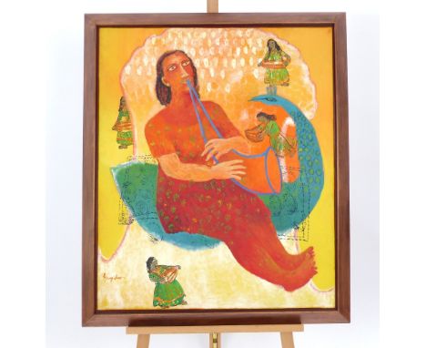 20th Century Indian school, seated figure playing trumpet, oil on canvas, 92x76cm