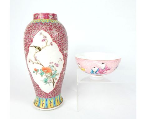 Chinese porcelain vase, floral design over pink ground, marked Jingdezhen Jiangxi to base,23cm h, and a tea bowl painted with