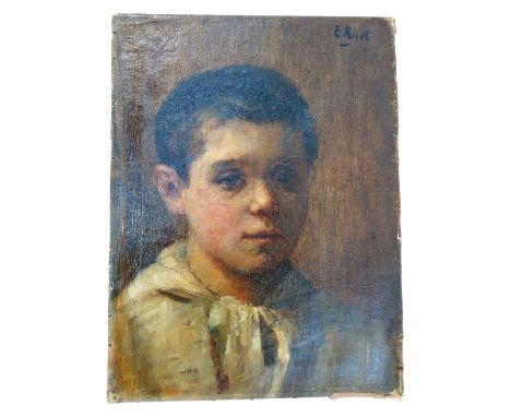 19th C portrait of a young boy, possibly a Russian cadet, oil on canvas, signed u.r. E. Rilot??, 40 x 30cm