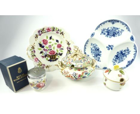 Herend porcelain fruits and flowers sucrier, encrusted rose finial to cover, 10cm h, a Royal Worcester canape dish and egg co