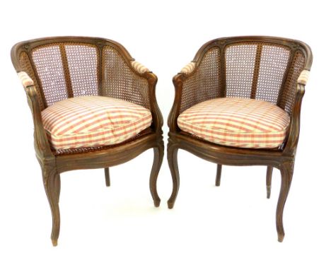 Pair of Edwardian bergere tub chairs, caned back and seat, with cushion, raised on splayed legs