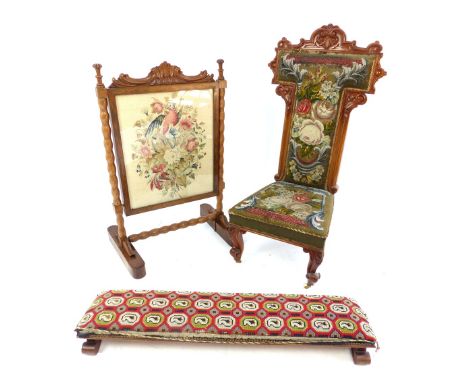Prie dieu chair, 19th C walnut frame, Berlin bead tapestry, scroll feet and ceramic castors, a late 19th C walnut and rosewoo