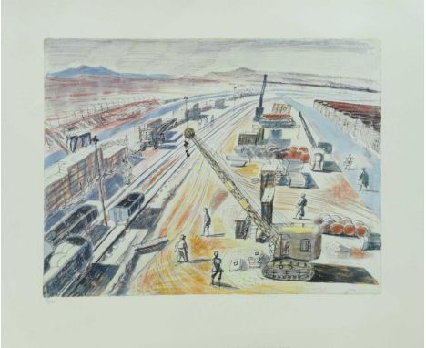 Edward Bawden CBE RA, British 1903-1989- "Aid to Russia; The Rail-Head at Khanagin, Iraq"; posthumously printed by the Curwen