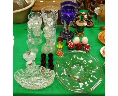 A quantity of various glassware to include blue glass table lustre, two fruit bowls, two vases, three decanters and stoppers,
