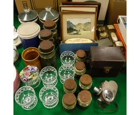 Three various storage jars, two with covers, three large green Portmeirion "Totem" jars, six smaller green "Totem" jars and c