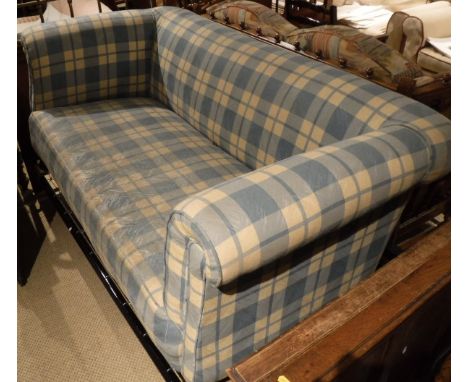 A circa 1900 upholstered two seat sofa in blue and white check, raised on cabriole legs to pad feet CONDITION REPORTS Interio