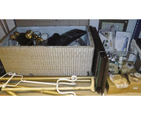 A rush work decorated trunk and contents of various lamps, handbag, mirrors, fox mask door knocker etc, two boxes of sundries