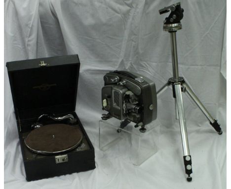A Colombia Viva Tonal Grafonola portable gramophone, a Bolex Paillard Type 18-5 projector and a Schiansky tripod CONDITION RE