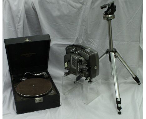 A Colombia Viva Tonal Grafonola portable gramophone, a Bolex Paillard Type 18-5 projector and a Schiansky tripod CONDITION RE