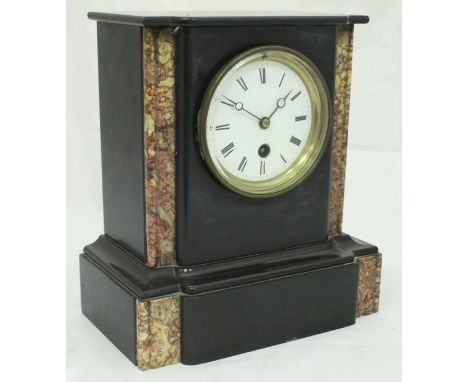 A late Victorian black marble and variegated Rosso marble inlaid cased mantle clock, the French movement with circular enamel