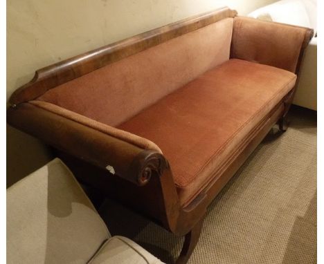 A Biedermeier style sofa in red upholstery with applied scrolling mouldings to the arms CONDITION REPORTS Approx 172 cm wide 