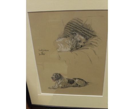 A box of assorted pictures and prints to include IN THE MANNER OF CECIL ALDIN "Sealyham and Setter", colour print, etc