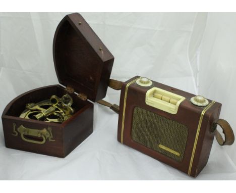 A reproduction brass sextant inscribed "Stanley London", together with a leatherette covered EverReady Sky Leader radio