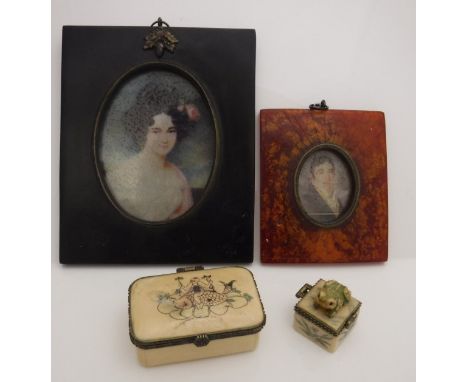 Two modern framed and glazed miniature portrait prints in the 19th Century manner and two simulated ivory boxes *