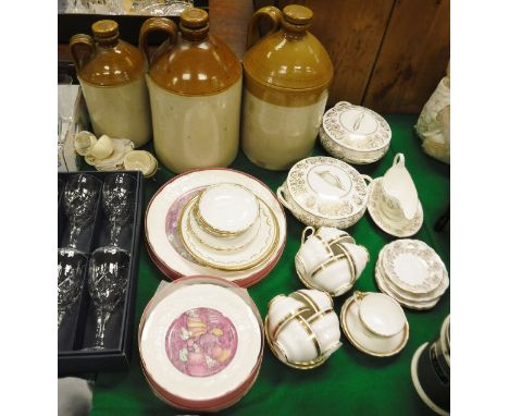 Three stoneware flagons, a set of six onyx cups and saucers, a collection of Gien Pottery plates, Royal Chelsea cups and sauc