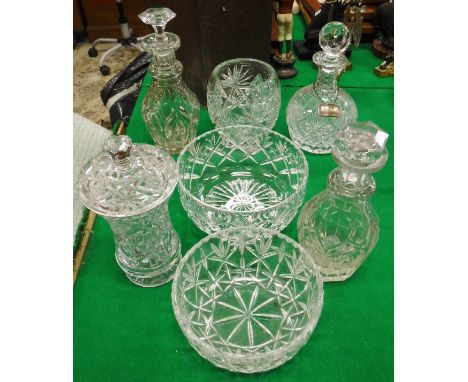 A pair of 19th Century cut glass mallet shaped decanters, together with a Royal Doulton Webb Corbett mallet shaped decanter a
