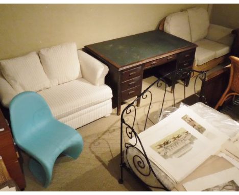 A collection of furniture comprising a caned conservatory two seat sofa with oatmeal upholstery, a Vernon Panton chair in tur