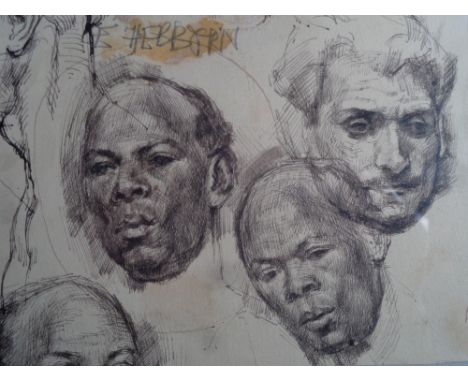 Sketch by Eric Hebborn depicting four heads. Signed E Hebborn. Framed  41cm x 21cm, unframed 16cm x 12cm