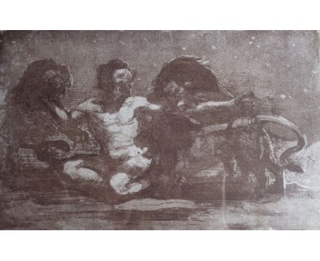 Sketch by Eric Hebborn depicting a man with three lions. Signed E Hebborn and Unique proof. Framed 347cm x 16xm, unframed 27c