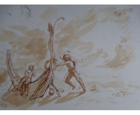 Brush pen and ink and pencil Viking Warrior studie by Eric Hebborn. Framed 38cm x 32cm, unframed 30cm x 23cm Wash Sketch. Sim