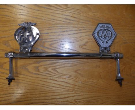 Two AA badges mounted on a bar - 'Desmo' , 17" across.