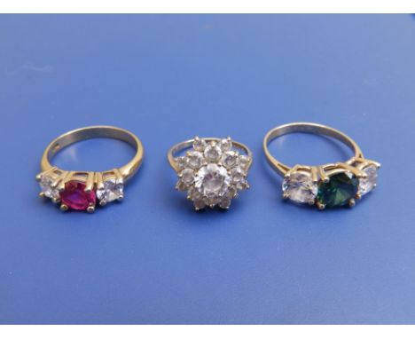 A modern 14K imitation  three stone ring and two others. (3)