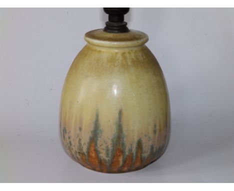 A Ruskin Pottery cream glazed table lamp with brown &amp; green variegations - '1932', 6" high excluding fitting.