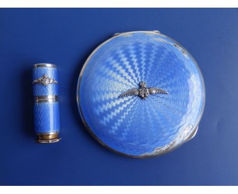 A Birmingham silver blue enamelled compact bearing RAF crest and a matching Elizabeth Arden lipstick - a/f.  (2)