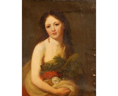 19thC School - oil on re-lined canvas - Half length portrait of a young classical maiden holding a wreath and flowers, 25" x 