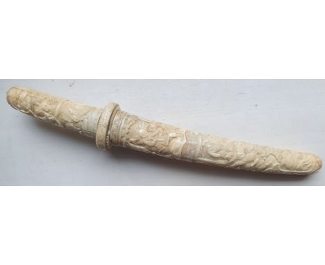 A Japanese tanto with carved ivory hilt &amp; scabbard, 12.5" - scabbard a/f.