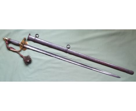 A 1796 Pattern infantry officer's sword in metal scabbard, the gilt brass hilt with wire grip, the blade with gilding and som