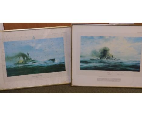 Two 1980 Robert Taylor WWII battleship colour prints - 'The Last Moments of HMS Hood' signed by one of the three survivors, L