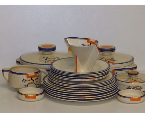 23 pieces of Clarice Cliff Ravel pattern Odilon table ware, in orange, blue &amp; yellow colourway, comprising a pair of cove