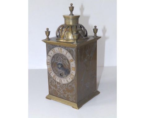 AA 20thC engraved brass lantern style mantel clock with basket top, having English Davall movement, 8.5" high.