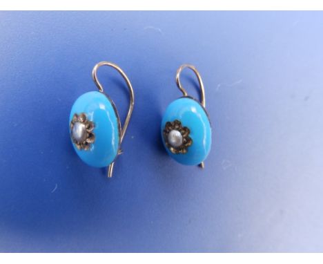 A pair of turquoise enamel &amp; pearl set yellow metal earrings of cabochon form,  the cabochons  11mm.  (2)