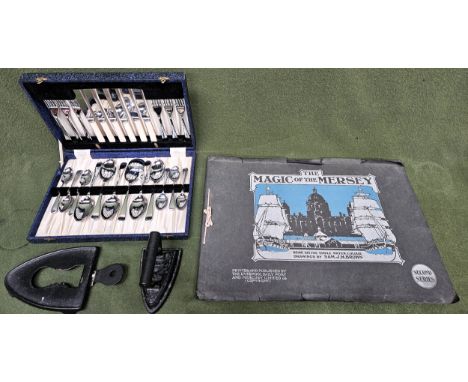 Magic of The Mersey vintage brochure, canteen of plated flatware, plus flat iron with stand
all used unchecked