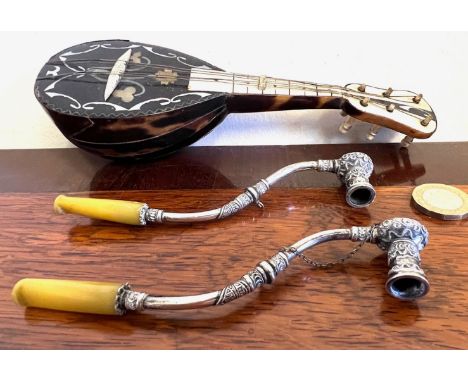 MINIATURE TORTOISE SHELL VENEERED MANDOLIN (AT FAULT) AND TWO SILVER PLATED AND COMPOSITION MOUTHPIECE CHEROOT HOLDERS, ONE C